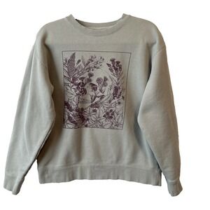Botanical Floral Skull Graphic Sage Fleece Sweatshirt Women's M Boho Wildflower